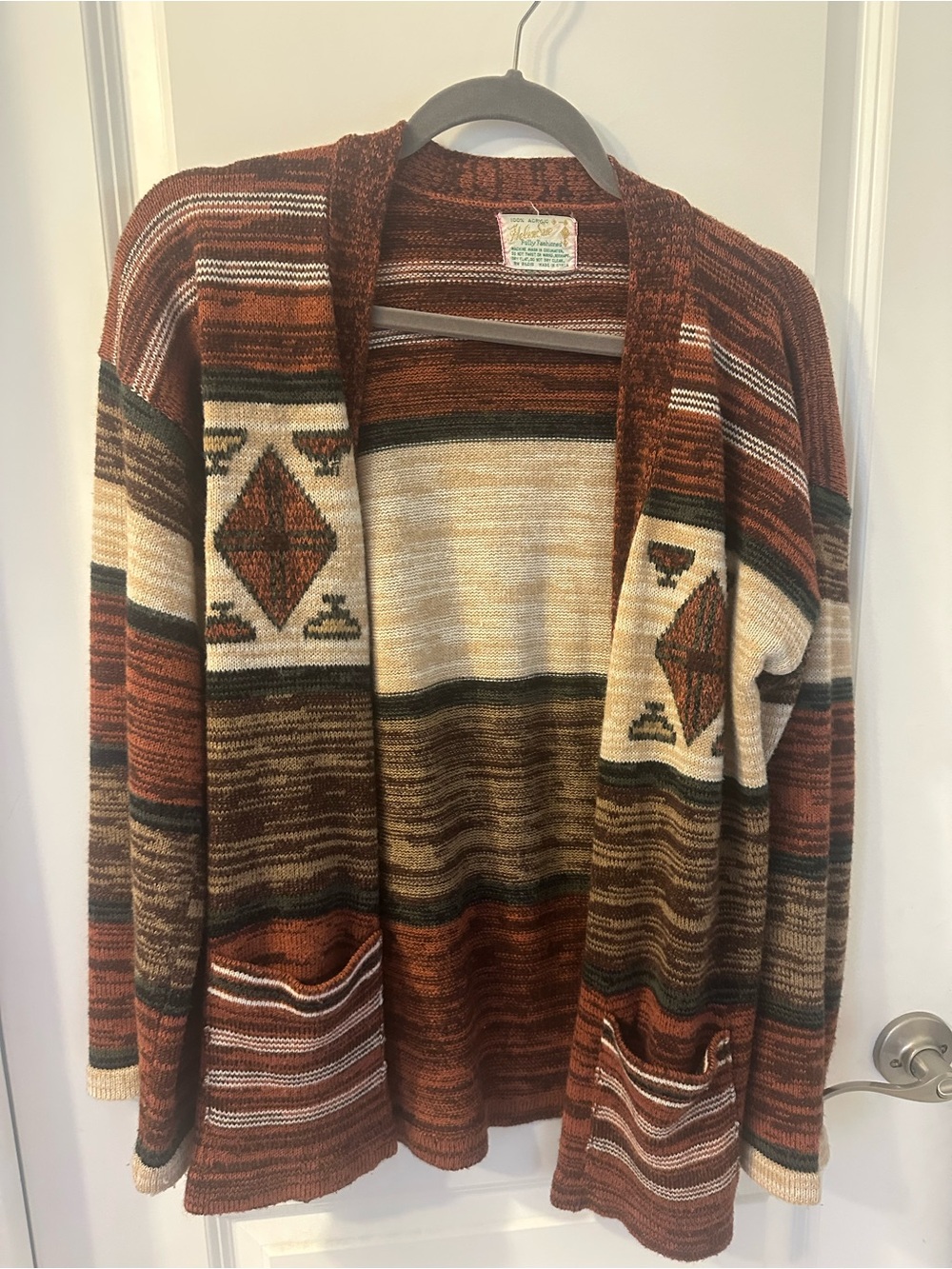 Vintage Southwestern Open-Front Cardigan Sweater in Rust and Brown